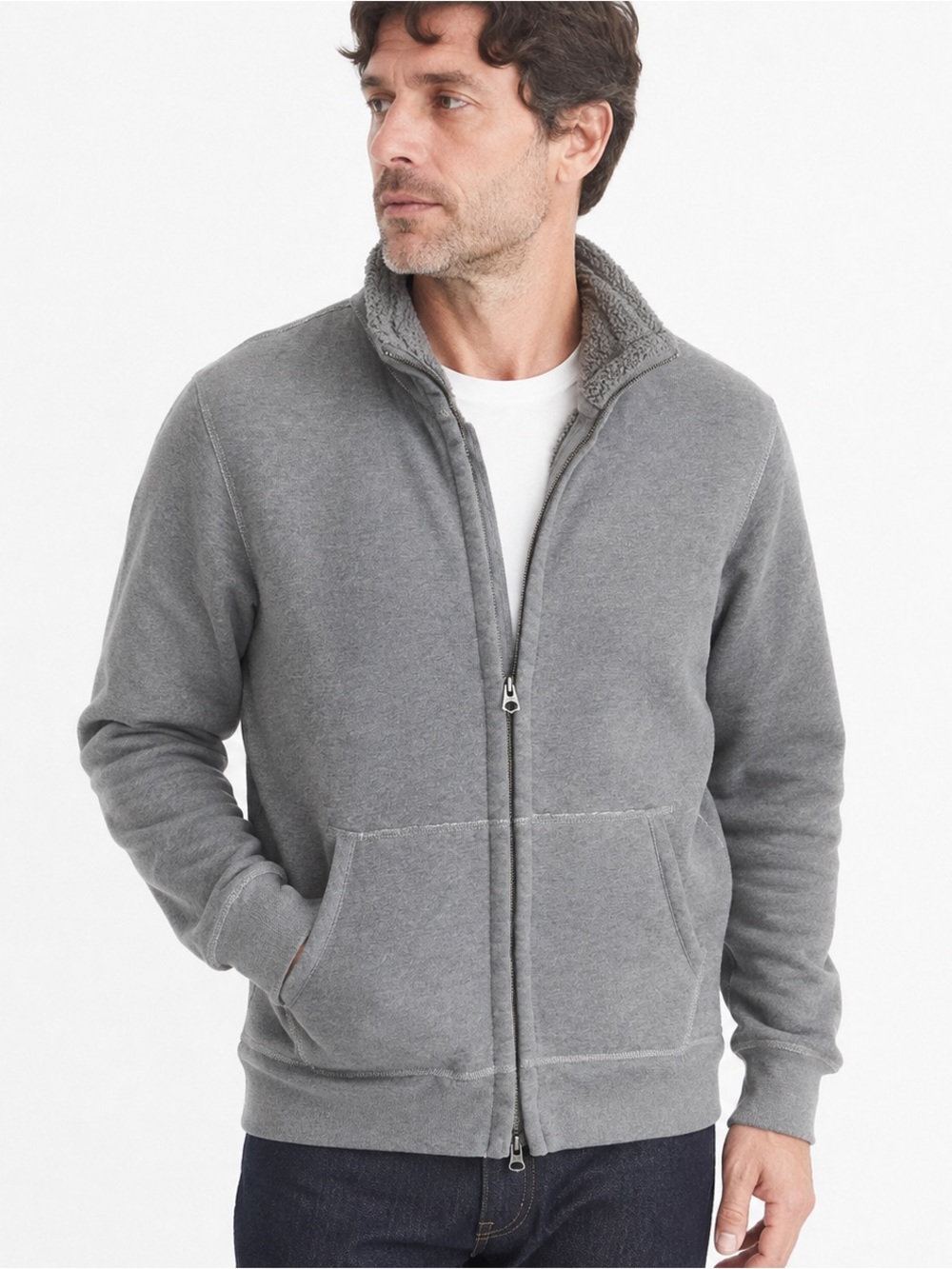 J.Crew Men’s Gray Sherpa-Lined Full-Zip Fleece Jacket Medium